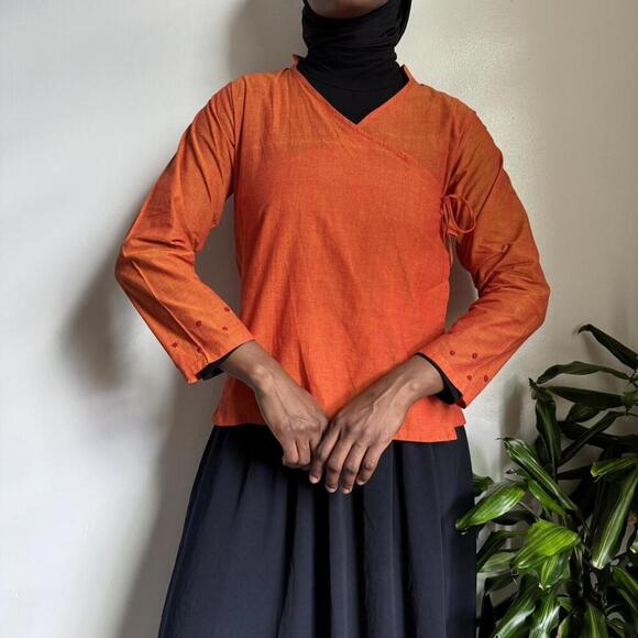 Vintage orange‎ kimono top floral embroidered indie hippie bow tie M - Picture 4 of 5